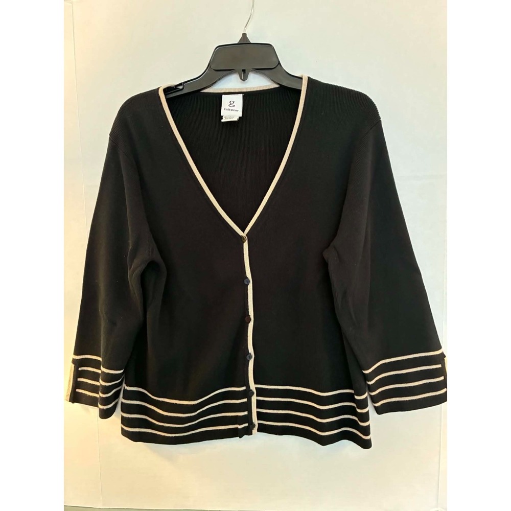 g knitwear Womens XL Black White Stripe Cardigan 3/4 Sleeve Minimalist Preppy